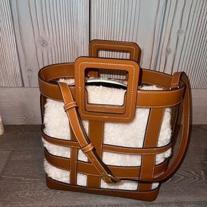 Staud shearling / brown Shirley top-handle tote